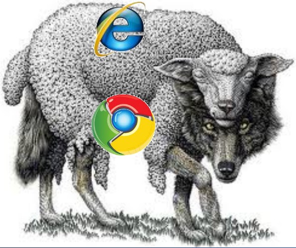 a wulf (Google Chrome) wearing a sheep's (IE) fur